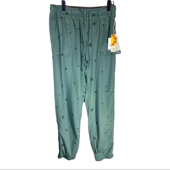 C&C California Flowy Sage green Boho Stars Print Jogger 100 % Lyocell Pants Sz M - Picture 4 of 13